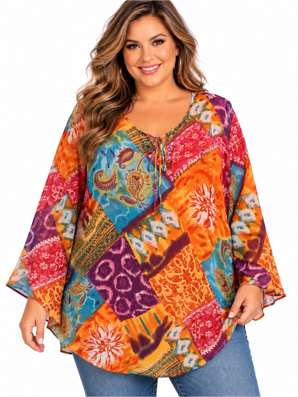 Maggie Barnes 3X Boho Patchwork Paisley Embellished Lined Tunic Top